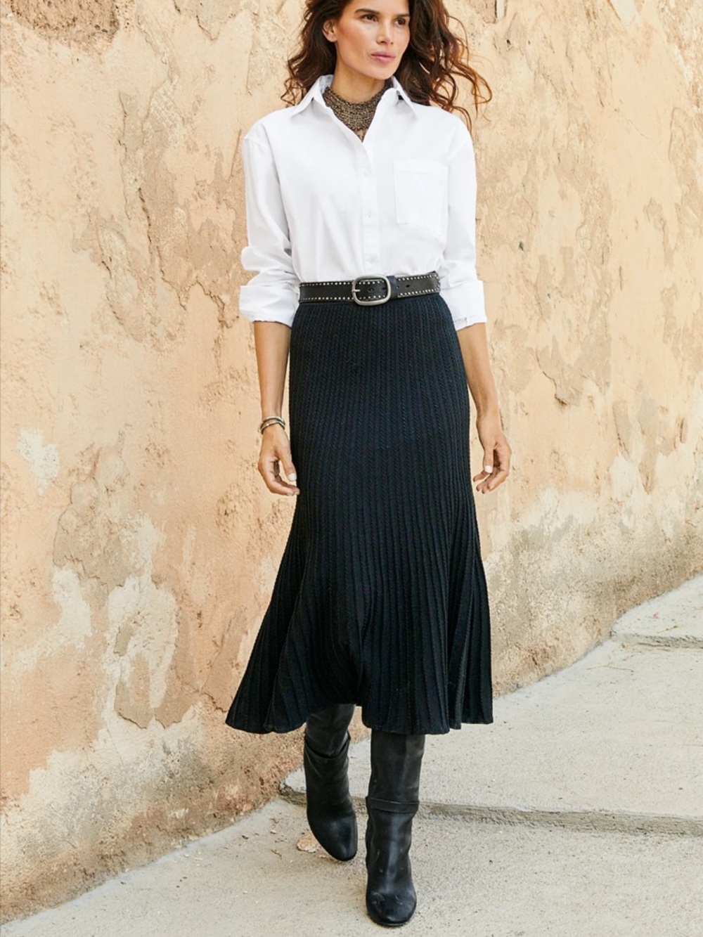 Peruvian Connection Ridgeline Skirt Black Pleated Midi Skirt with Belt